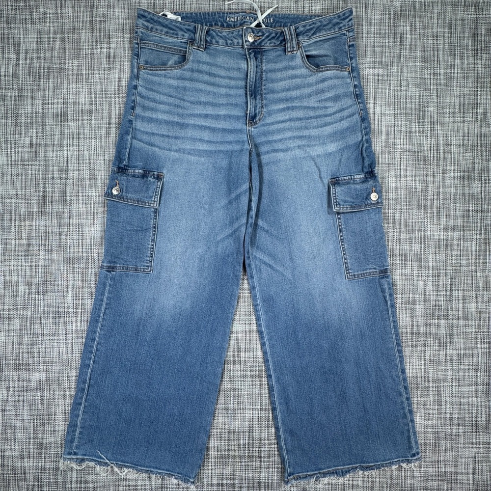 American Eagle Women's Super High-Rise Baggy Wide Leg Cargo Jeans Blue Size 18